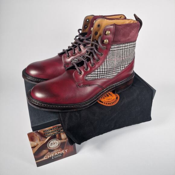 Joseph Cheaney Hope R Burgundy Derby Boots Leather Prince Wales Check US 9 New - Picture 9 of 11